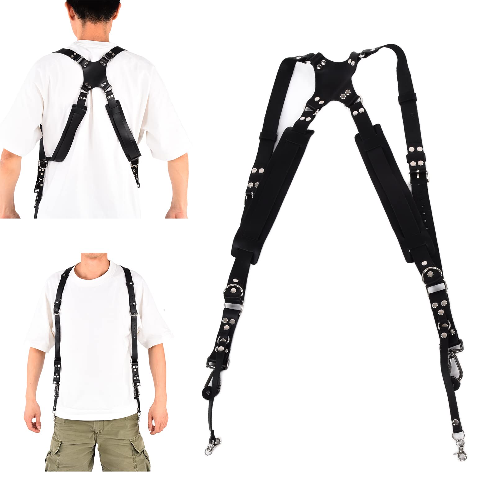 Asixxsix Arnés de la Cámara para 2 Cámaras, Correa de Doble Hombro Arnés de la Cámara de la Cámara Release Rápido Correa de Corneta de Cámara Dual Ajustable para Cámara DSLR SLR (Hombros negros)