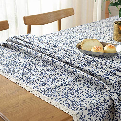 Amzali Vintage Washable Cotton Linen Fabric Navy Damask Pattern Macrame Square Tablecloth Dinner Picnic Table Cloth Home Decorative Table Cover (36 Inch X 36 Inch) #TOP1