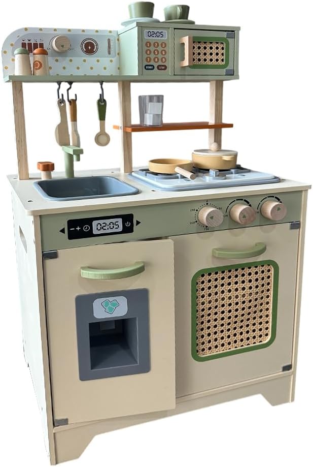 Wooden Play Kitchen for Toddlers, Kids Toy Kitchen Playset with Real Sounds & Accessories, Pretend Play Cooking Set for Girls & Boys Ages 1-3