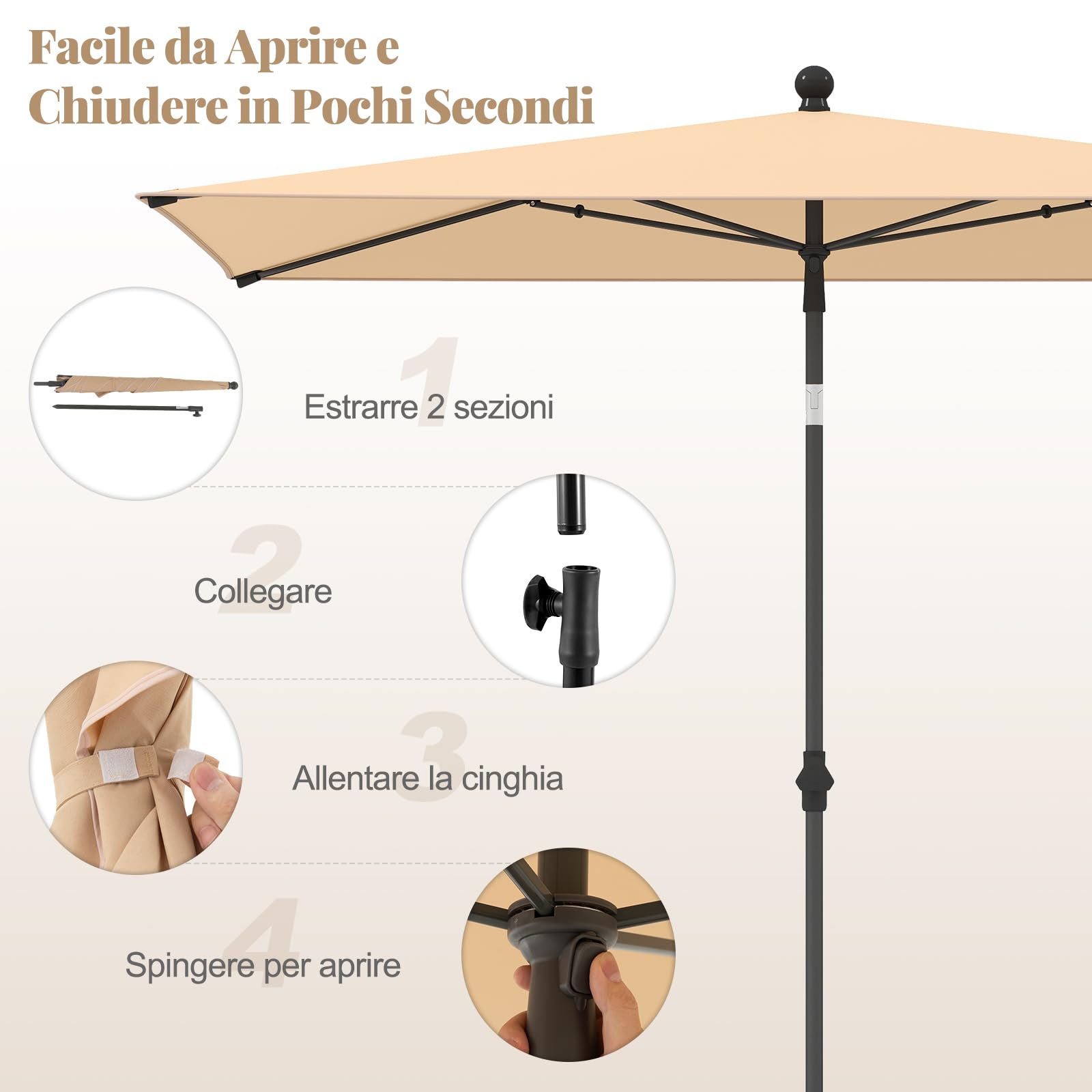 COSTWAY Ombrellone da Balcone 213 x 140 cm, Inclinazione Regolabile, Anti-UV, con Borsa da Trasporto, per Giardino, Terrazzo, Spiaggia (Beige)