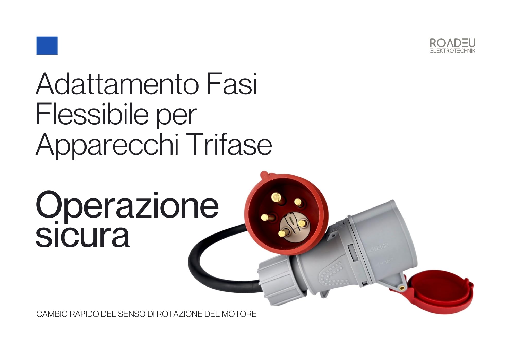 RoadEu - Adattatore CEE 32A a 32A con invertitore di fase – Prolunga industriale 5x4 mm² – 0,5 m – IP44 – Presa e spina CEE 400V 5 poli