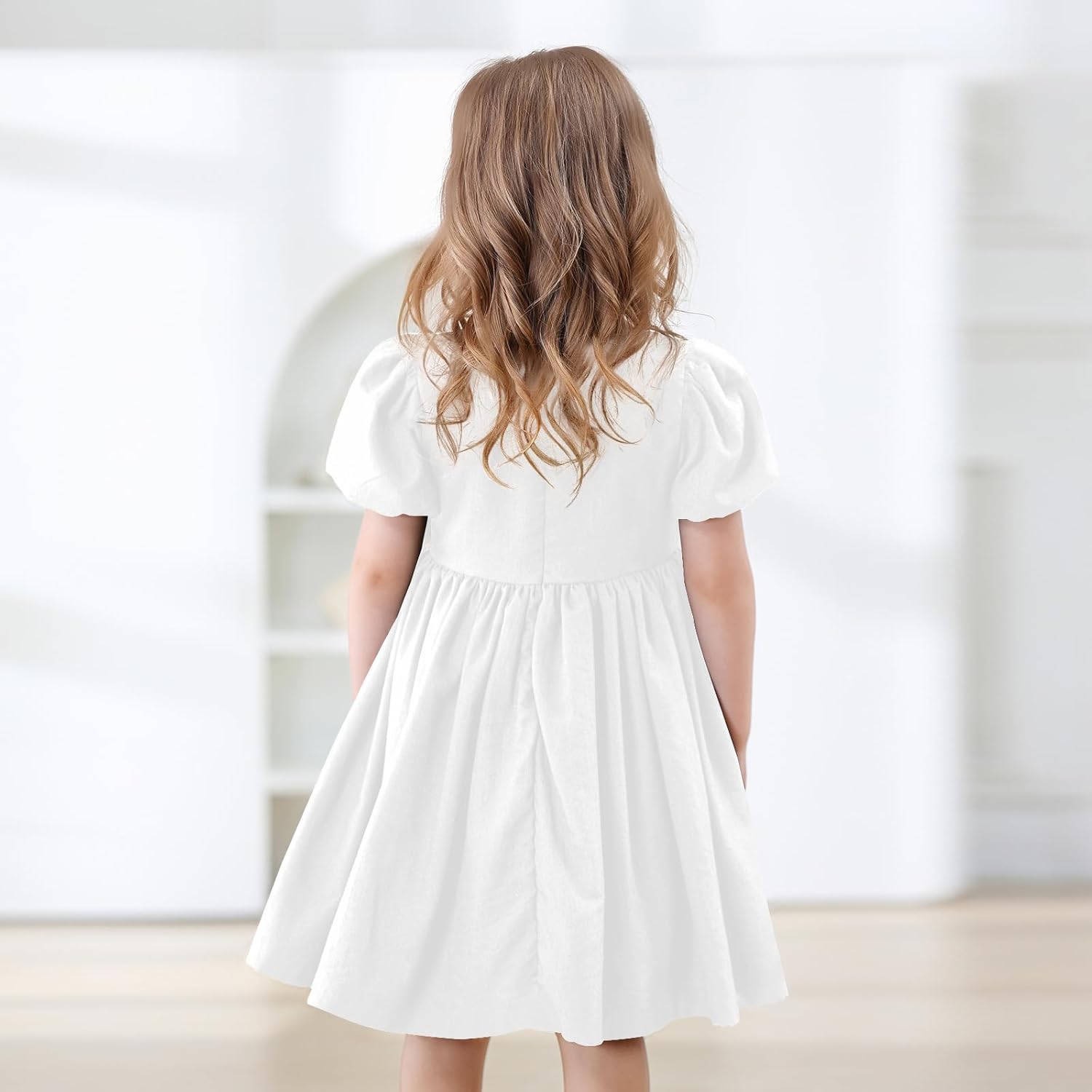 KARETT Toddler Girl Dress Vintage Dress Little Girls Cotton Puff Short Sleeve Kids Swing Casual Elegant Formal Dress - Image 3