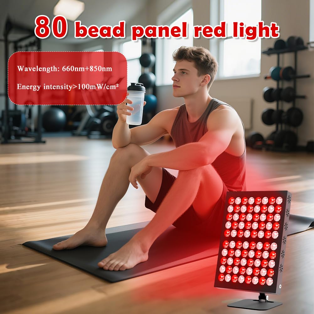 Panneau de lampe à lumière rouge 80 LED, 62 W 850 nm et 660 nm, lampe infrarouge Red Light Therapy avec 5 niveaux de luminosité et minuterie de 10/20/30 min, angle de lampe infrarouge réglable