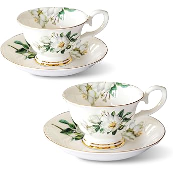 Porcelain Cups Set of 2 Bone China Coffee Cups with Saucers 200 ml