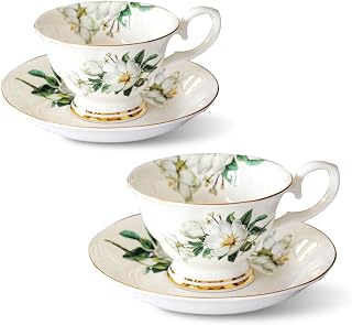 Tasse aus Porzellan 2er Set, Bone China Kaffeetassen mit Untertassen 200 ml