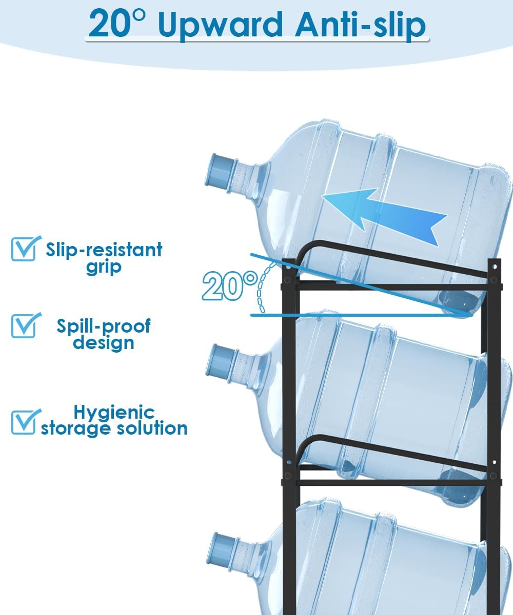 mocomax 5 Gallon Water Jug Holder, Detachable Water Bottle Holder for 6 Bottles, 3 Tier Heavy Duty Water Jug Stand, Water Dispenser Rack for Home, Gym, Kitchen, Office, Black