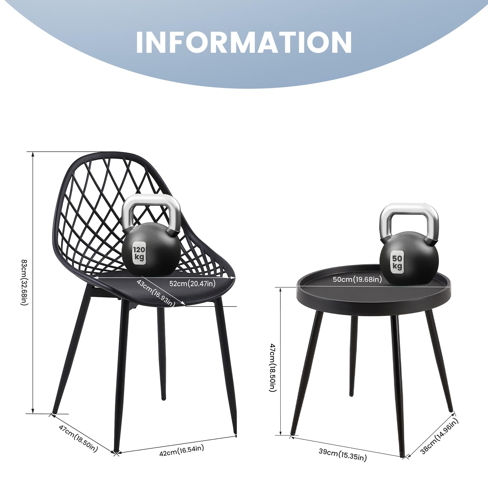 Set di 2 sedie da giardino in metallo, set da 2 sedie da bistrot per esterni, ergonomiche, adatte per interni ed esterni, colore: nero, 2 sedie + 1 tavolino da caffè