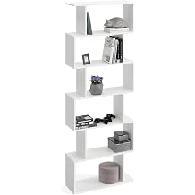 KOMTO White Bookcase Room Divider Shelf 191 x 70 x 24 cm Standing Shelf Wood and Tall with 6 Levels S-Shaped Modern High Shelf Filing Shelf Office Shelf