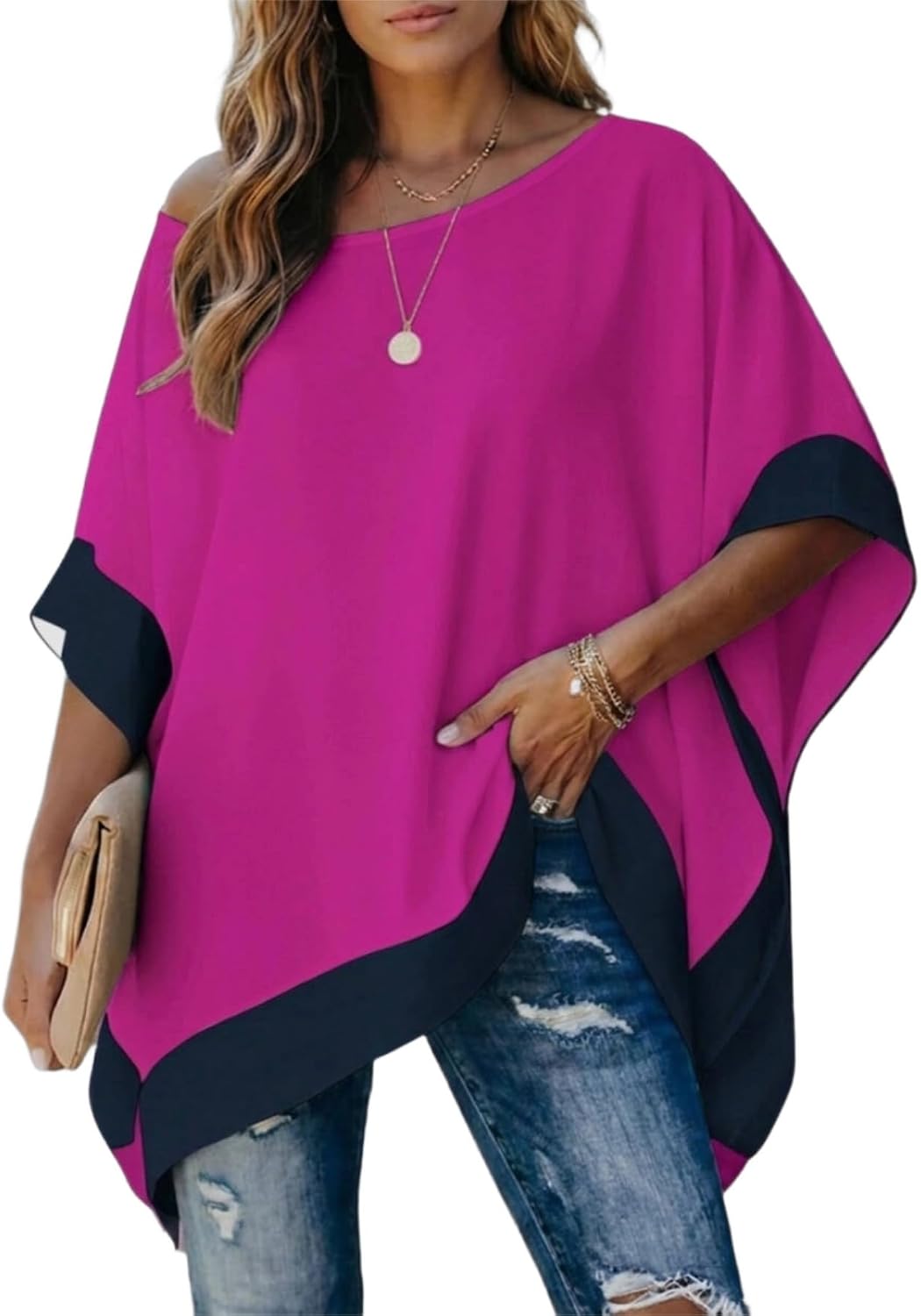 CHICME Women’s Batwing Short Sleeve Round Neck Blouse Color Block Loose Casual Work Tunic Tops