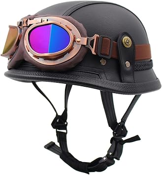 Retro German Style Open Face Leather Beanie Motorcycle Half Helmets with Glasses,Low Profile DOT Approved Skull Cap Scooter Moped Bicycle ATV Bike-Helmet for Adult Men and Women