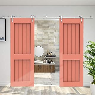 CCJH 11FT Barn Door Hardware Sliding Track Kit Stainless Steel Heavy Duty for Double Wood Door (Y Shape Hanger)