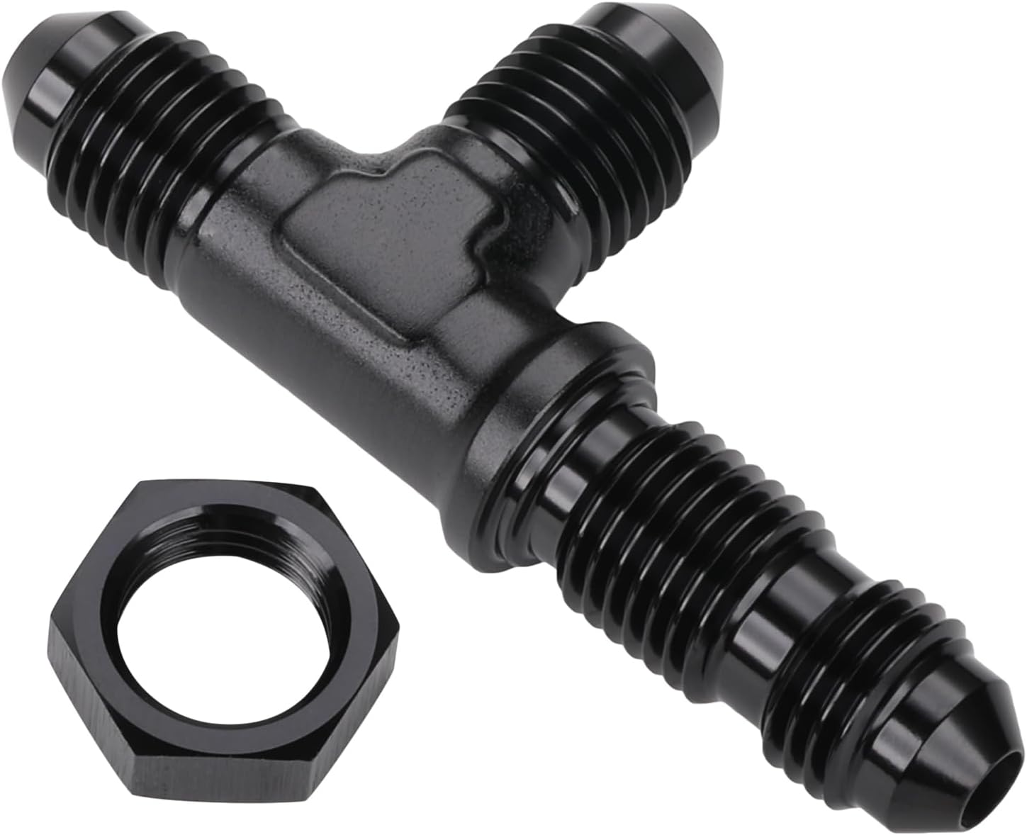 3AN Male Flare Bulkhead on Run Tee T Fitting Adapter with AN3 Nut Aluminum Black
