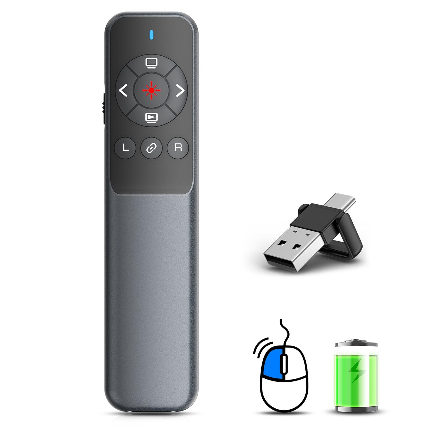VOVIGGOL Presentatore Wireless Puntatori per Presentazioni con Mouse Volante, USB/Tipo-C 2 in 1 Slide Presenter PPT Puntatore Telecomando Penna Presentazioni Powerpoint per Mac Computer