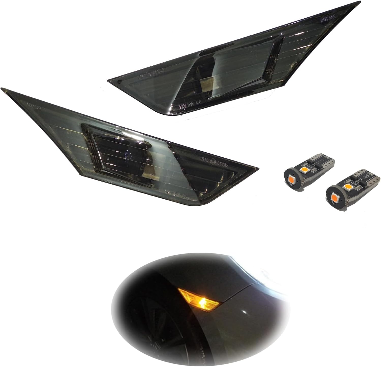 Civic LED Side Marker Lights for 2016-2021 Honda Civic Sedan, Coupe Hatchback Smoked Lens Sidemarker White LED Turn Signal Running Position Parking Lights, Replacement for OEM #H02551127N