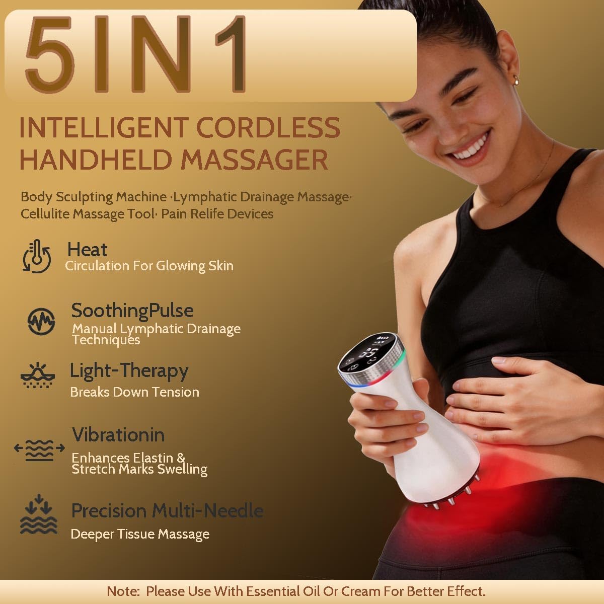 Lymphatic Drainage Massager & Anti Cellulite Fascia Massage Tool - Reduce Stretch Marks & Blaster Cellulite for Body(Belly, Legs, Arms, Butt,Back) 5-in-1 Body Sculpting Machine (White)