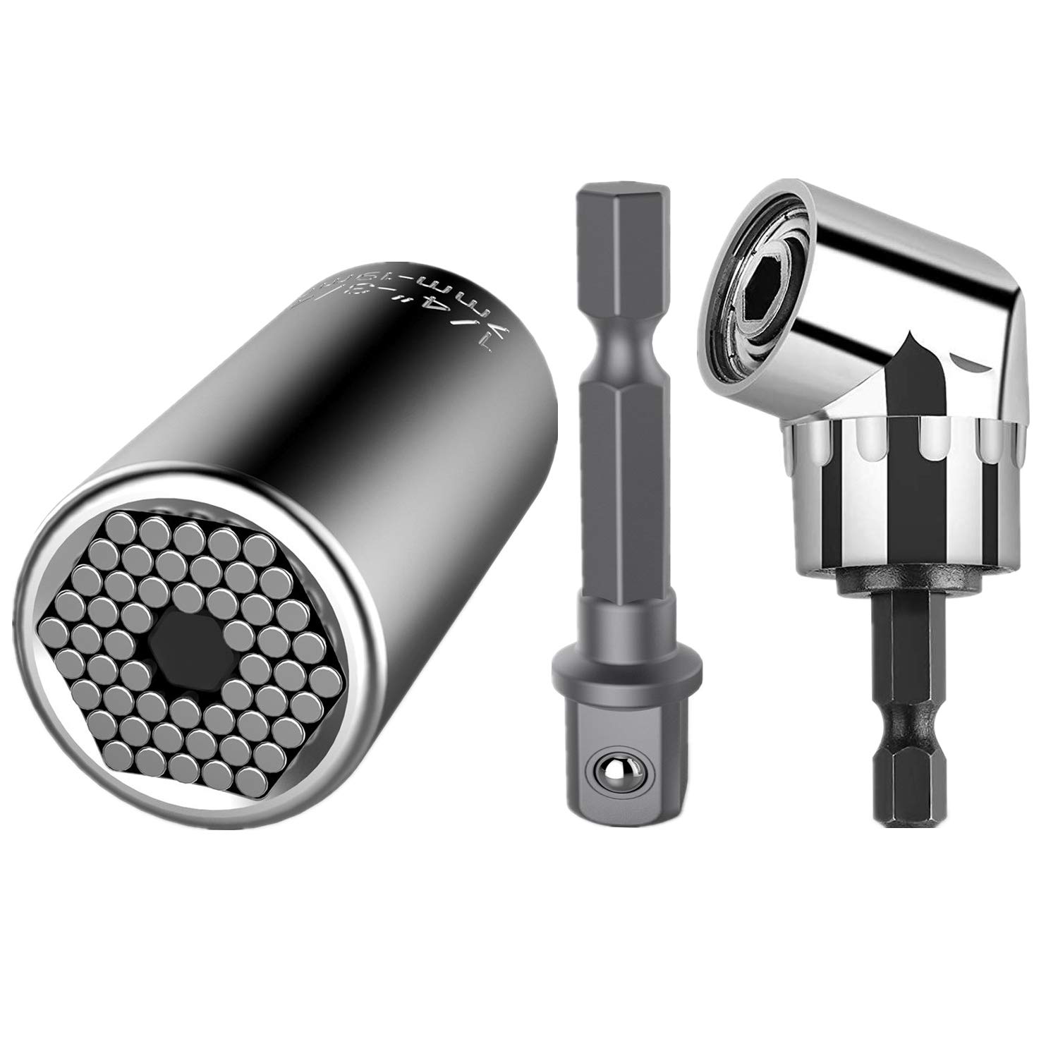 Handwerkzeuge Universalschlüssel, 3-teiliges Set, Verbessert Steckschlüssel, 7-19mm Universalnuss, Multifunktions-Handwerkzeuge Adapter Repair werkzeuge set und 105° Winkelschrauber Vorsatz Adapter