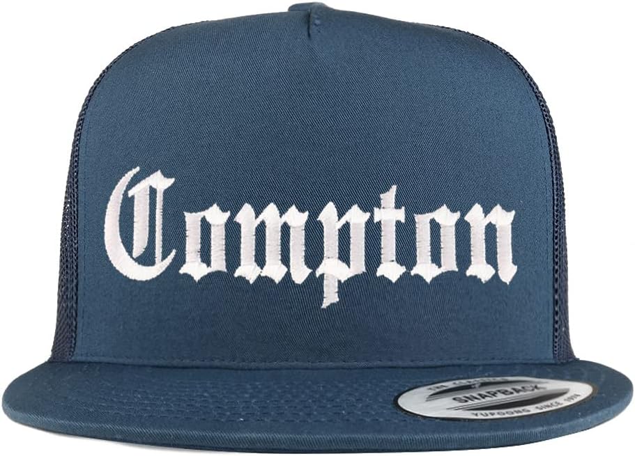 Trendy Apparel Shop Compton City Old English Embroidered 5 Panel Flatbill Trucker Mesh Cap
