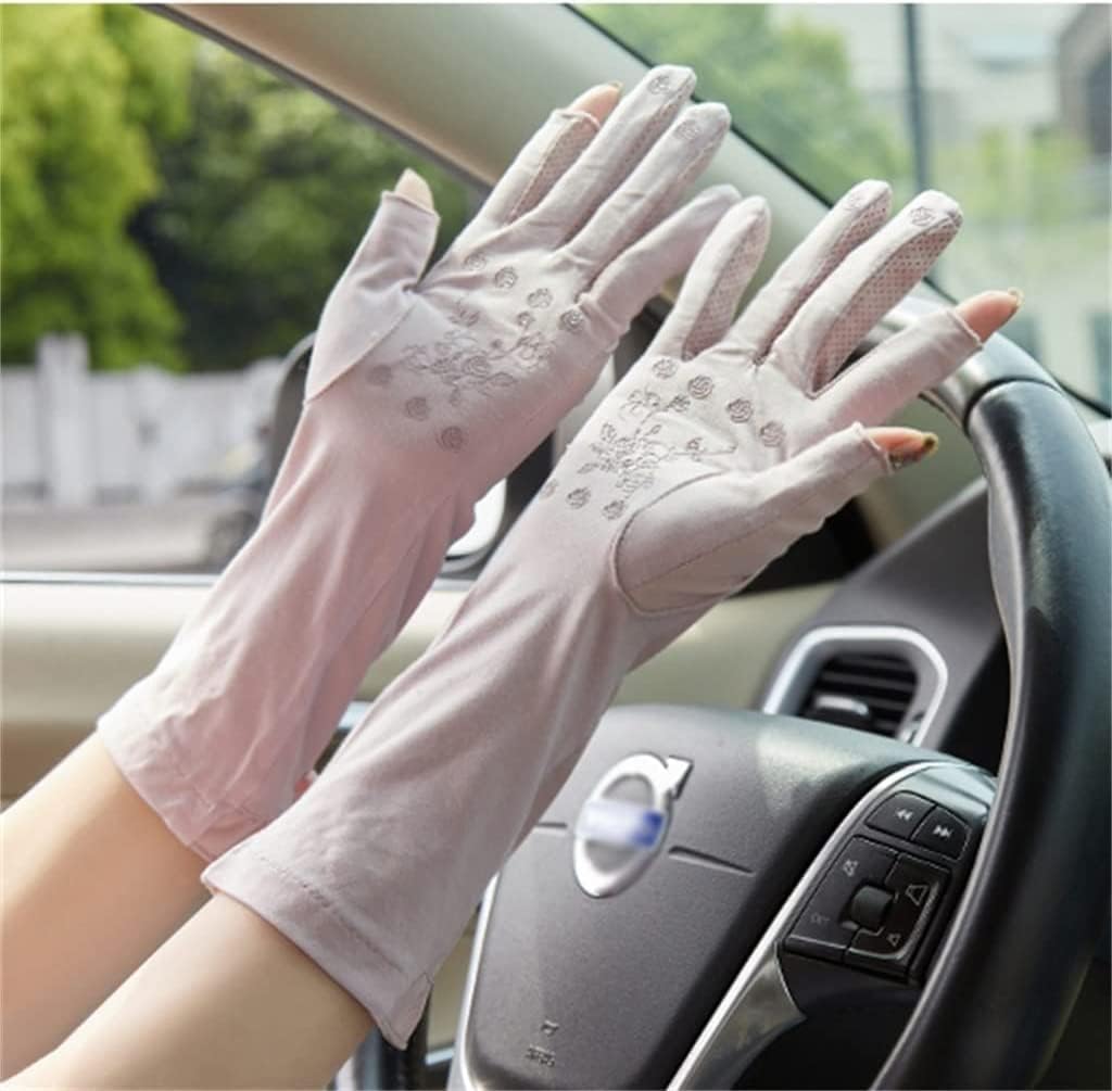 Women's Thin Section Driving and Riding Exposed 2 Fingers Mid-Length Gloves Spring, Autumn and Summer Ice Sleeves (Color : Beige, Size : One Size)