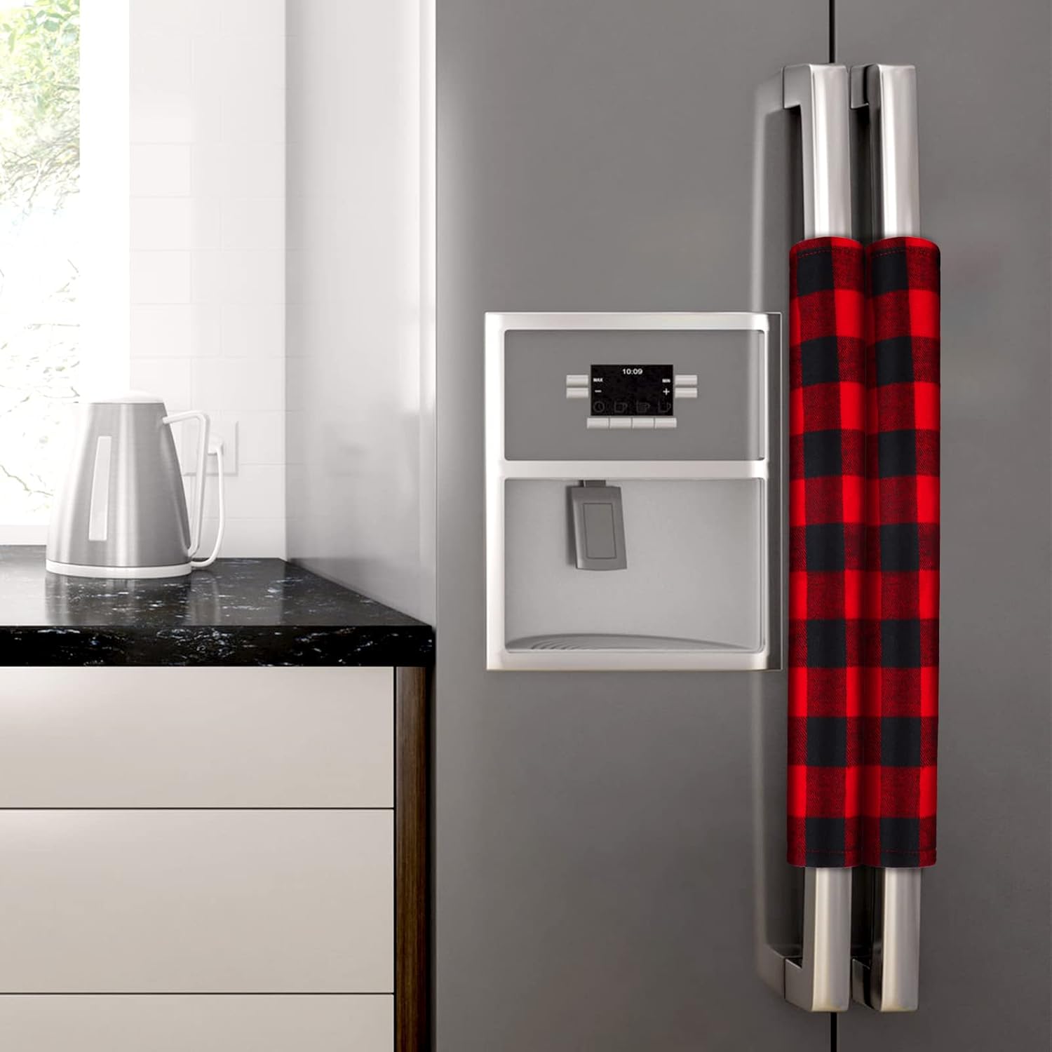 Boao 6 Pieces Christmas Refrigerator Cover Cabinet Door Handle Covers Thick Plaid Kitchen Appliance Covers Handle Protector for Christmas Decorations Microwave