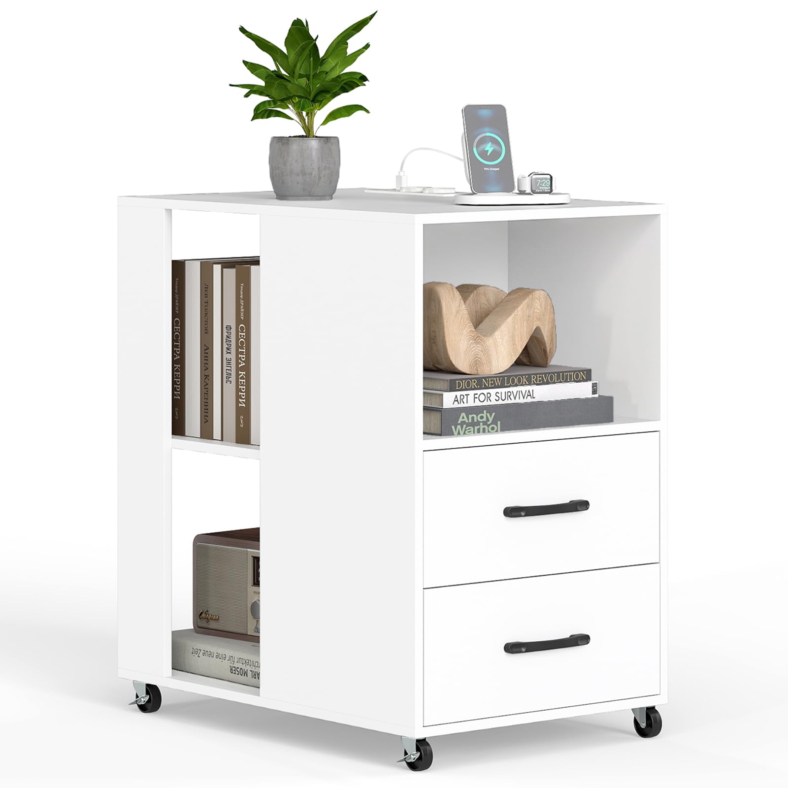 COSTWAY Mesa Auxiliar Estrecha con Ruedas, Mesa Lateral con Estación de Carga, 2 Cajones y Estantes Abiertos, Mesita de Noche de Madera Salon Sofa Dormitorio, 60 x 40 x 65,5 cm (Blanco)