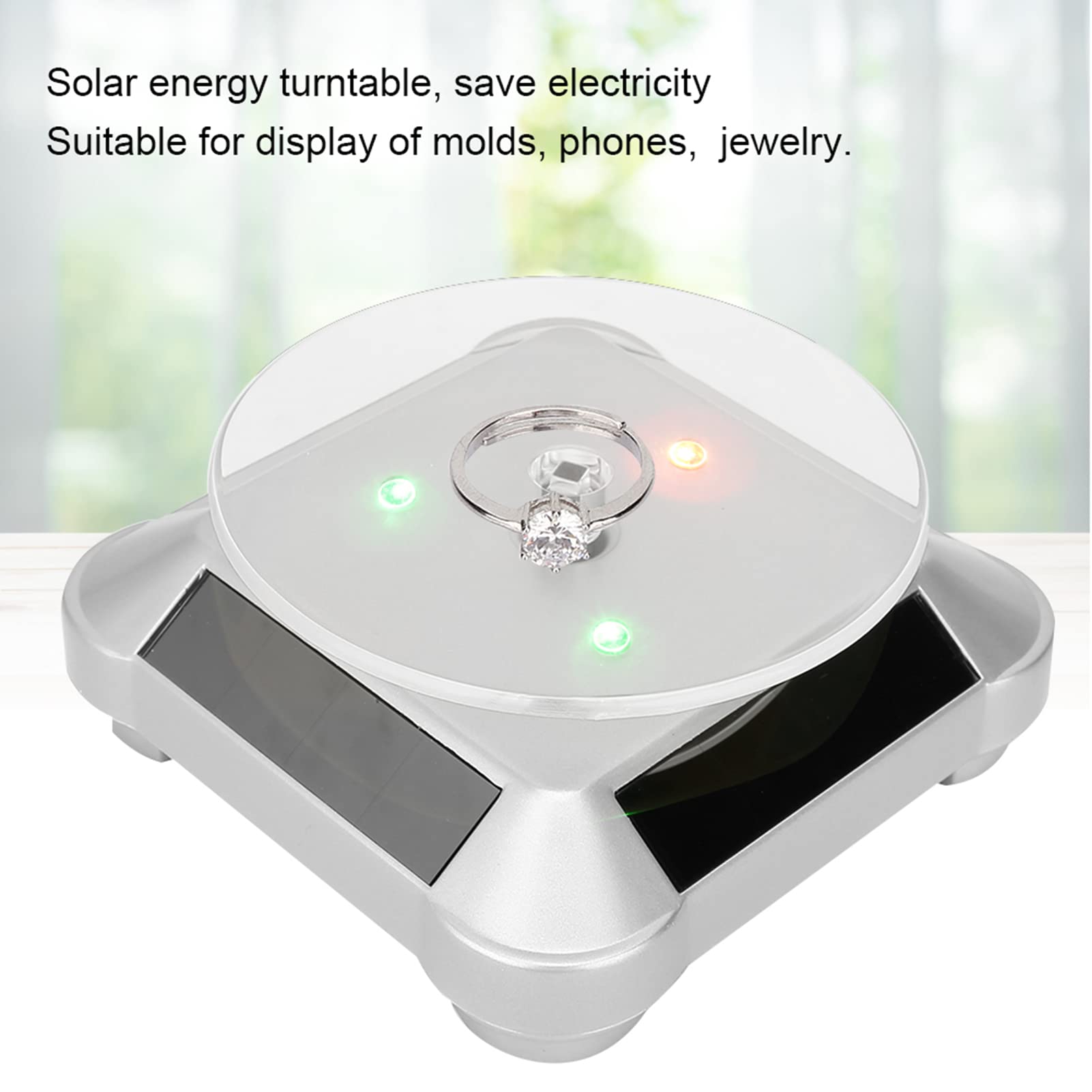Support Rotatif 360° Solaire Pour Présentation Bijoux/montres - Alimentation Solaire Ou Piles AA - Plateau 9 Cm - Charge Max 400g