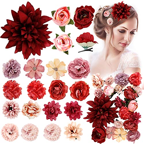 Ahoney 20 Pieces Red Rose Hair Clips for Women Girls Hair, Artificial Flowers Floral Alligator Clips Flowers Hair Pins Valentines Hair Accessories for Mexican Prom Gothic Party Hair Decor (Red)