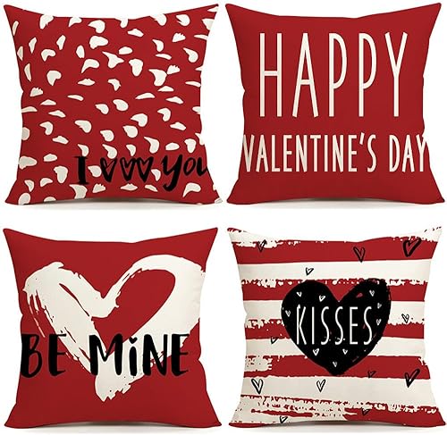 NIGHTWISH Juego de 4 fundas de almohada de 18 x 18 pulgadas para el día de San Valentín, diseño de corazones de San Valentín, diseño de rayas de