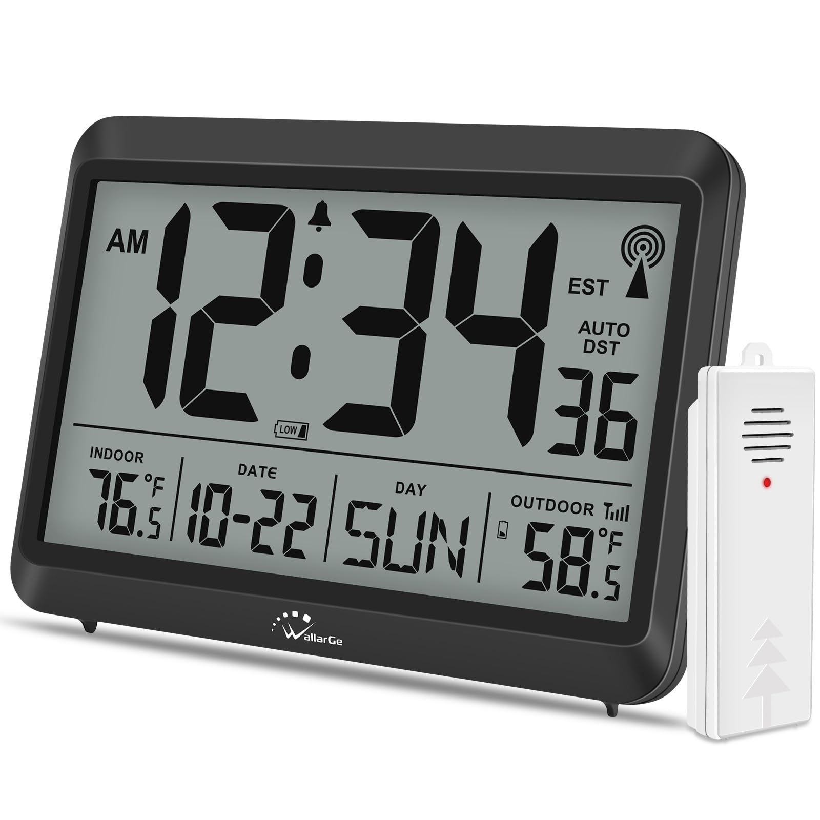 WallarGe Atomic Clock with Indoor Outdoor Temperature - 8.5'' Digital Clock Battery Operated, Self-Setting, 4 Time Zones, DST