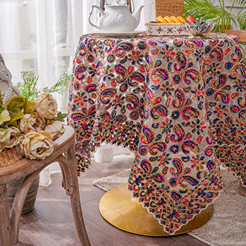 Sutavia Luxury Hand-Made Tablecloth Exquisite Fancy Embroidery Tabletop Multicolor Dazzling Decorative Boho Fantasy For Home Gathering Holiday Living Room Wedding Party (Red Fancy, 51"X51") #TOP23