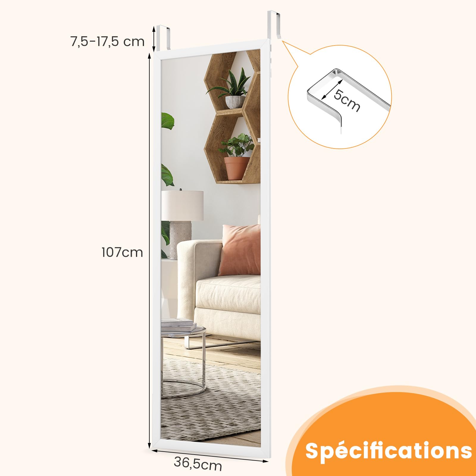 Miroir Mural-miroir à Suspendre Sur Porte, 120 X 37 Cm, Miroir Pleine Longueur Argent