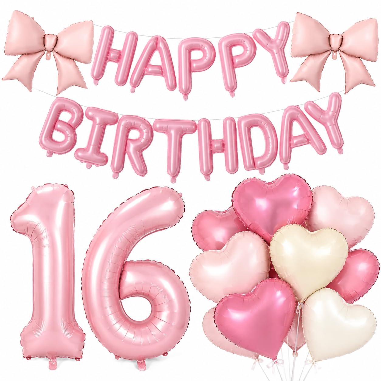 25PCS Pink Happy Birthday Balloons, 32 Inch Number 16 Balloon with Letter Banner, Bow Balloons and Heart Balloons, for Girls 16th Birthday Party Decorations — image 1