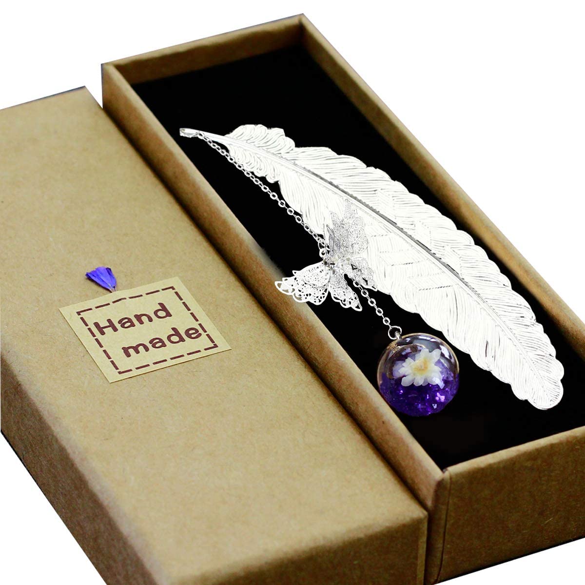 Occuwzz® Gold Feather Bookmarks with Chain - Set of 2 | Unique Gift for Book Lovers - Includes 3D Flower and Butterfly Pendants in a Beautiful Gift Box