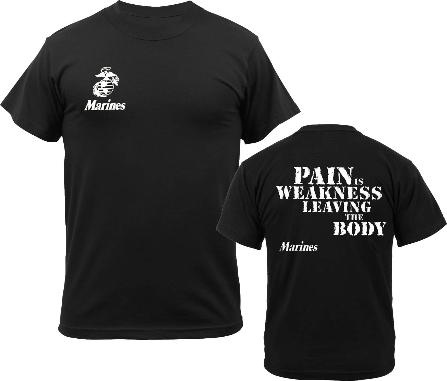 US Marines Pain is Weakness Leaving The Body Globe & Anchor Double-Sided Printed T-Shirt - Black, 100% Cotton