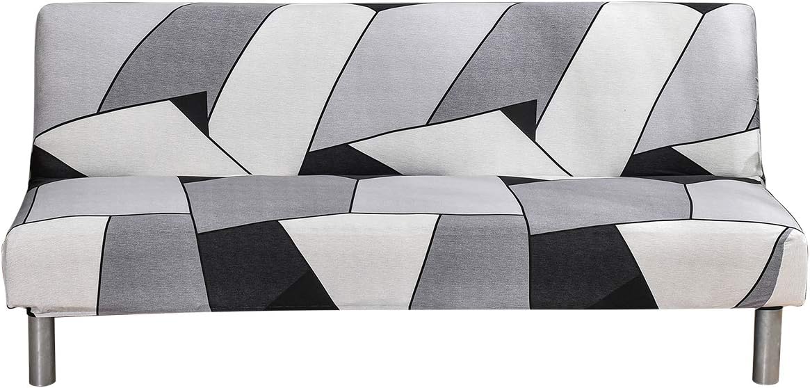 MIFXINArmless Sofa Cover Futon Slipcover Stretch Elastic Folding Sofa Bed Non-Armrest Couch Furniture Protector Spandex Printed Washable Sofa Cover Without Armrests (Grey White Black)