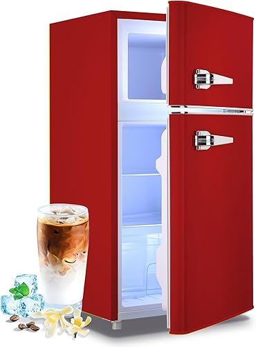 Miniatura 1 de Nevera pequeña con congelador Mini refrigerador de doble puerta Estantes de vidrio extraíbles 7 Temp Gear Mango desmontable Rojo