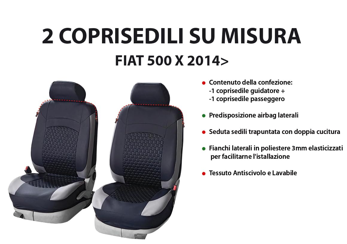 Set Coprisedili Auto Anteriori 2 Pezzi per FIAT 500 X dal 2014 - Fianchi elasticizzati, Tessuto Antiscivolo Trapuntato in Poliestere, Lavabile, Alta Qualità - OFFICINE MILANO