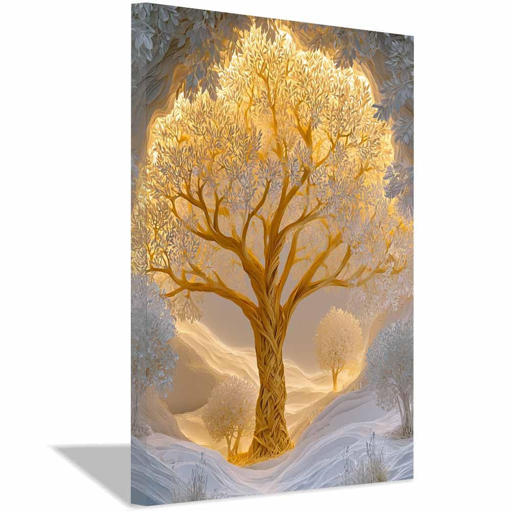 HOQIU Tree Wall Art Gold Textured Oak artwork, home canvas prints, for Bathroom Living Room Bedroom(Multicolor)-30x40cm Framed