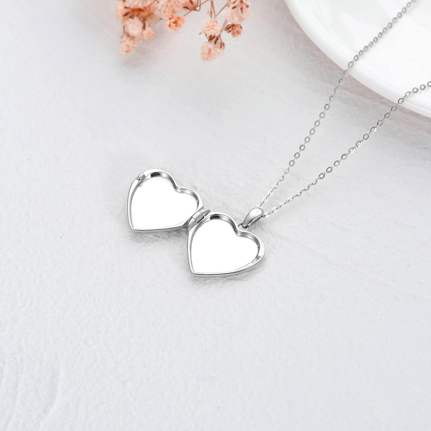 SOULMEET Sunflower/Rose White Locket Necklace That Holds Pictures Photo Personalized Sterling Silver/Real White Gold Locket with Solid Gold Chain Gift