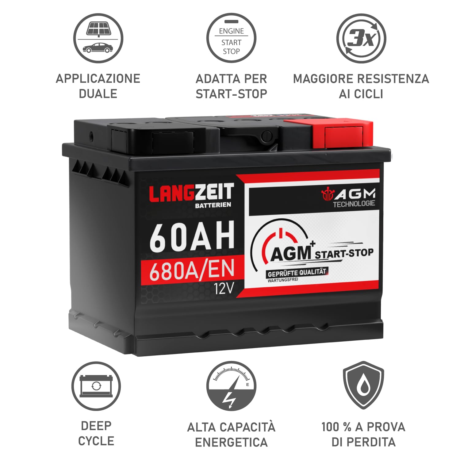 LANGZEIT batteria auto AGM 95Ah 12V start-stop VRLA sostituito 90Ah 92Ah