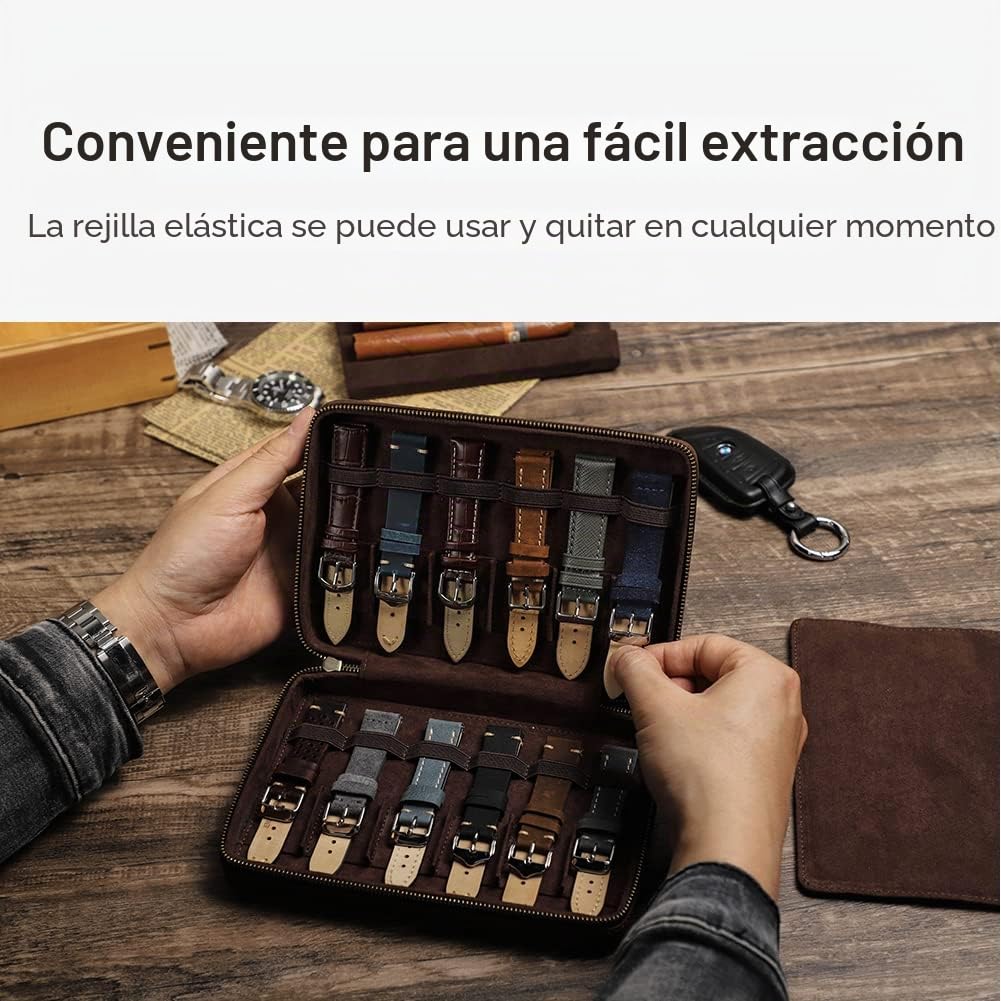 Contacts Organizador de Piel Auténtica para 12 Correas de Reloj - Bolsa de Transporte con Cremallera Compatible con Apple Watch y Accesorios