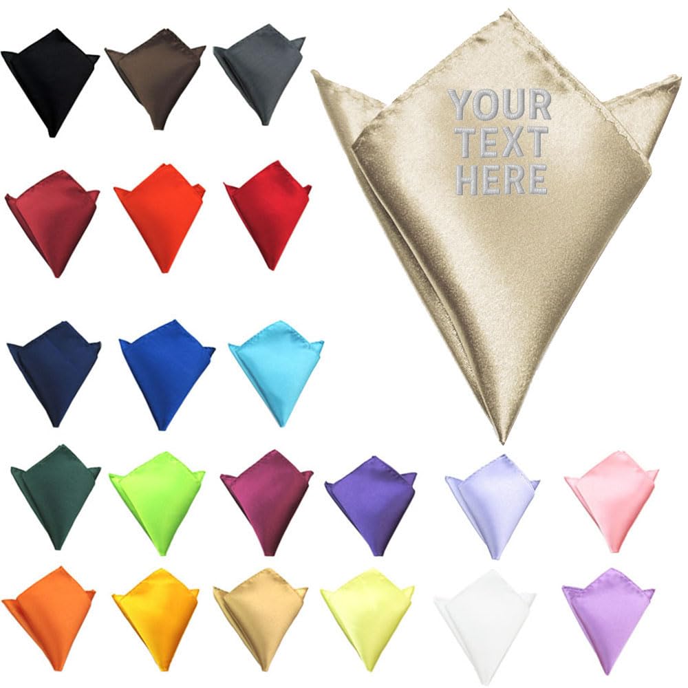 Van Der Linn Unisex Champagne Personalised Embroidered Pocket Handkerchief Square Satin Wedding Formal Groom (Champagne)