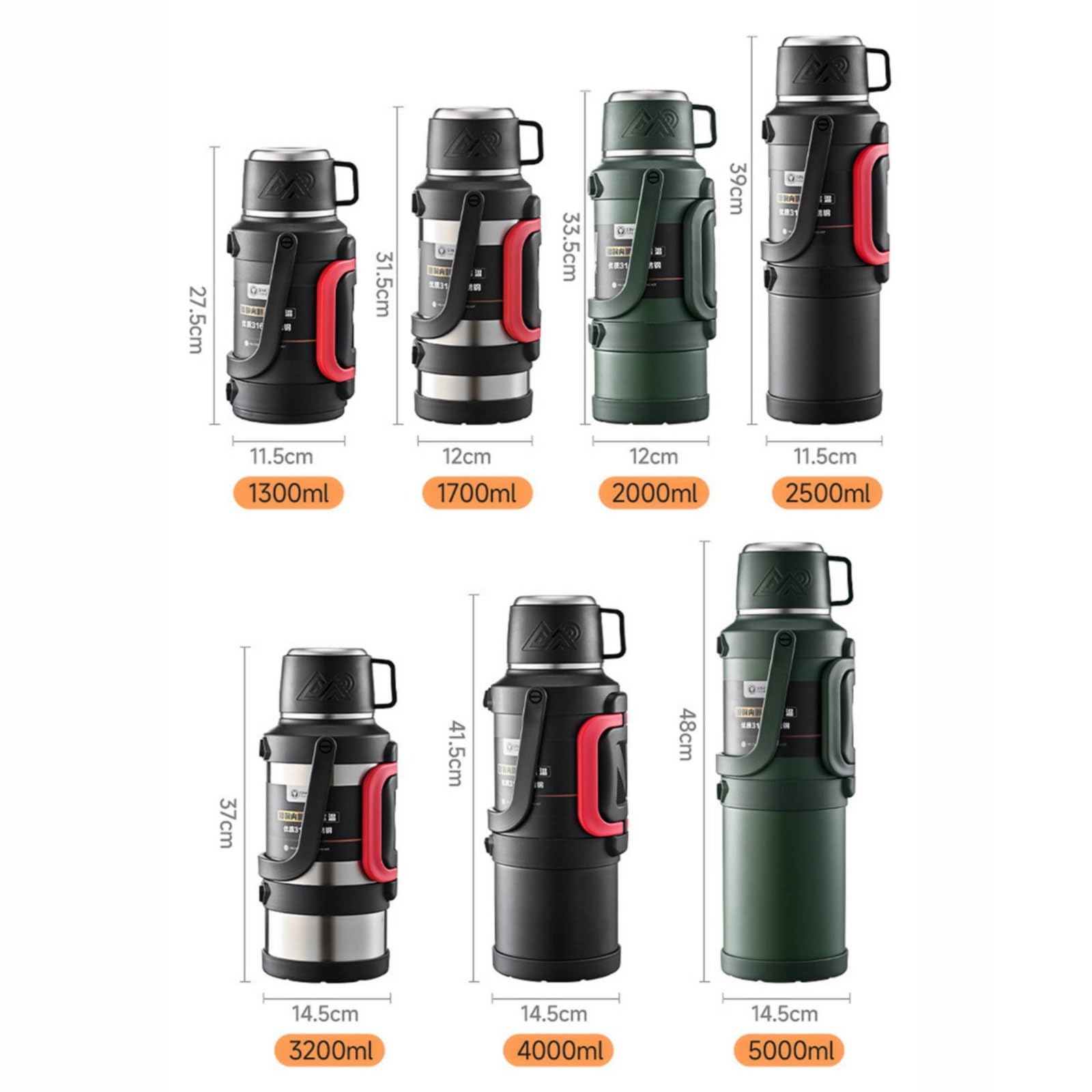 Borraccia Termica Grande Capacità Senza BPA Borraccia Sottovuoto Grande Capacità Coperchio-Tazza Fiaschetta Termica con Manico per Esterni, Campeggio, Verde Militare, 4000ml
