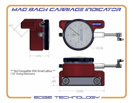 62-000 - Magnetic Back Carriage Indicator, 1 Travel with 0.001 Graduation, CNC Machined Aluminum Body, Fits Most Lathes 12 Swing and Larger