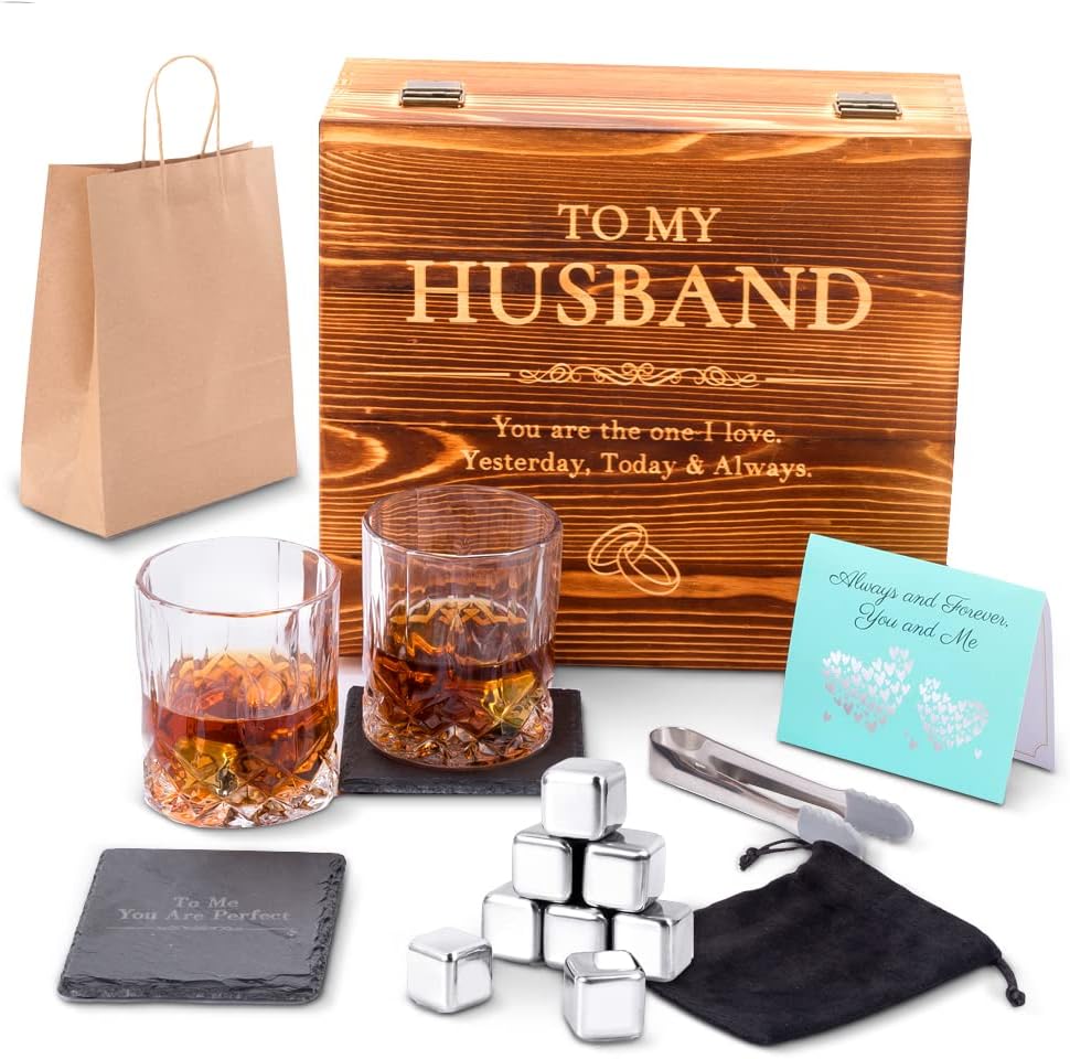 Whiskey Stones Gift Set Anniversary Gi fts for Husband | Him | Men, Husband Birthday | Wedding Anniversary | Valentine's Day Gift, 8 Stainless Steel Whiskey Stones & 2 Whiskey Glasses(11oz)
