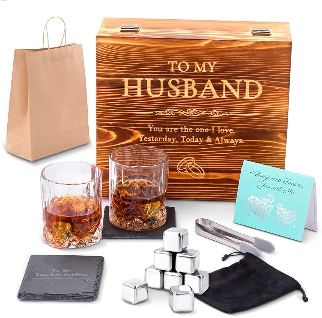 MEOZEL Whiskey Stones Gift Set Anniversary Gi fts for Husband | Him | Men, Husband Birthday | Wedding Anniversary | Valentine's Day Gift, 8 Stainless Steel Whiskey Stones & 2 Whiskey Glasses(11oz)