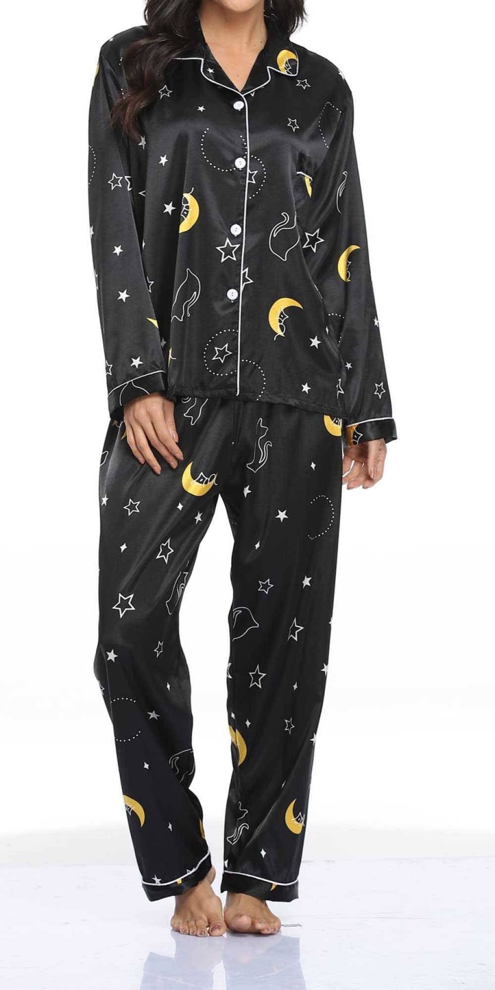 Pijamas Para Mujer Conjunto De Pijama De Poliéster Con Estampado De Estrellas Y Solapa Negra Para Mujer Conjunto De Dos Piezas De Pijama De Manga Larga Cómodo Para Mujer Regalo De Festival Adecuad
