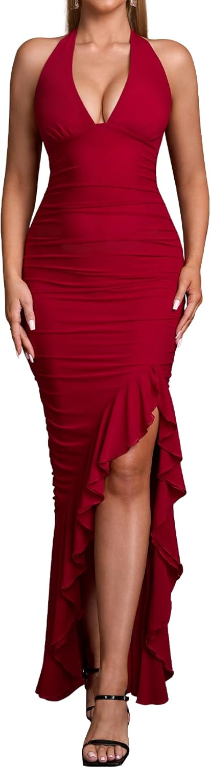 Womens Deep V Neck Halter Dress Ruched Bodycon Long Dress Ruffle Hem Backless Elegant Gown for Fall Wedding Party