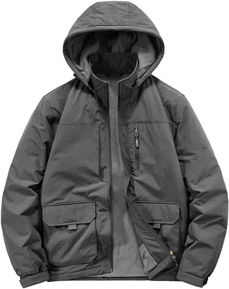 JSEIAJB Men's Thickened Autumn Winter Multi bag Loose Oversized Casual Waterproof Jacket with Plush