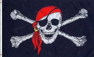 Aimto 3x5 FT Jolly Roger Flag (Red Scarf) - Pirate Party Supplies Halloween Decorations Banners - Pirate Flags Polyester Canvas Brass Buttonhole
