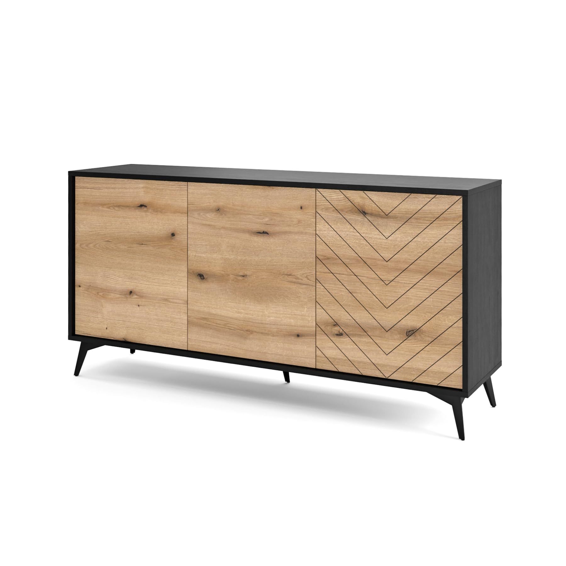 Selsey Boulia - Sideboard 3-türig, Schwarz mit Fischgrätfronten in Eiche, 154 cm